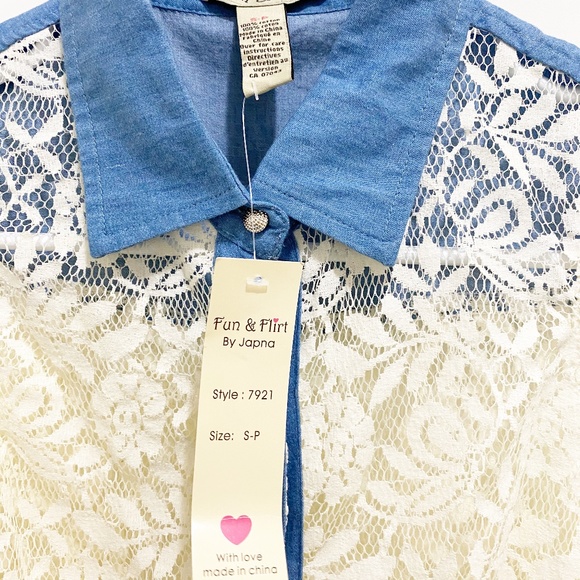 NWT Fun & Flirt Lace Button Up Tank White Blue S - Picture 8 of 11